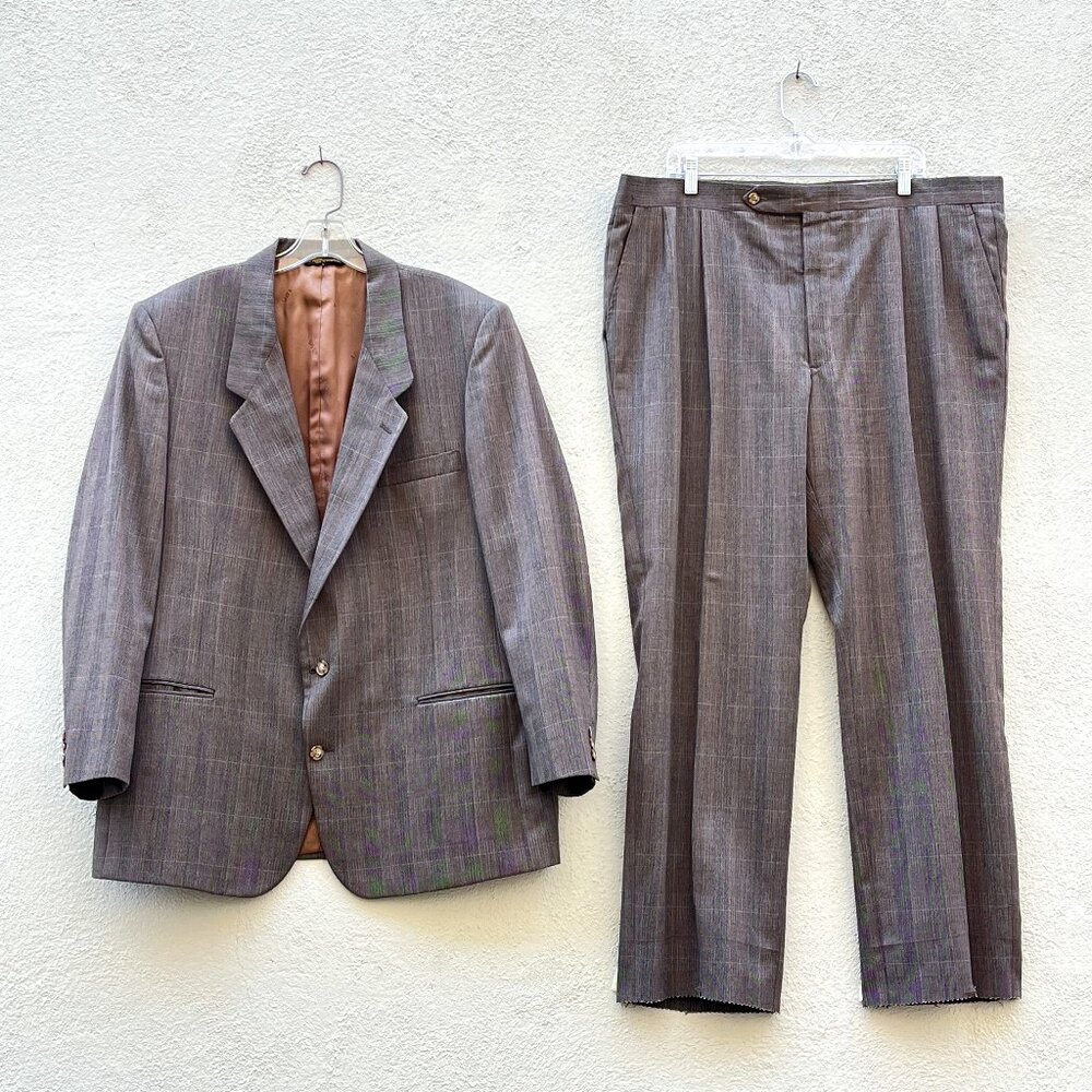 Vintage 80s 90s Adolfo Taupe Brown Plaid Tailored 2 Piece Pant Suit 48R 42W